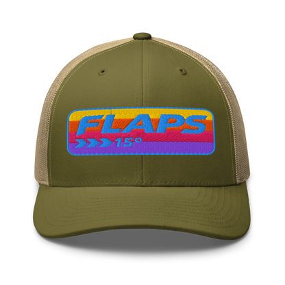 Flaps 15 Trucker Aviation Hat featuring vibrant logo and mesh back for style and comfort.