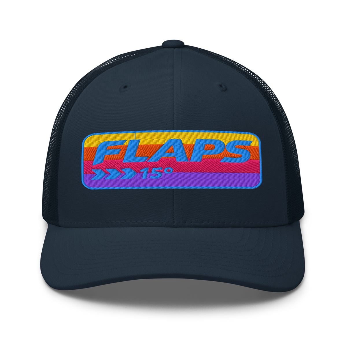 Flaps 15 Trucker Aviation Hat with colorful logo on a dark mesh cap.