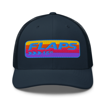Flaps 15 Trucker Aviation Hat with colorful logo on a dark mesh cap.