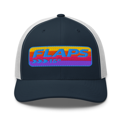 Flaps 15 Trucker Aviation Hat with colorful logo, perfect for sunny days and outdoor activities.