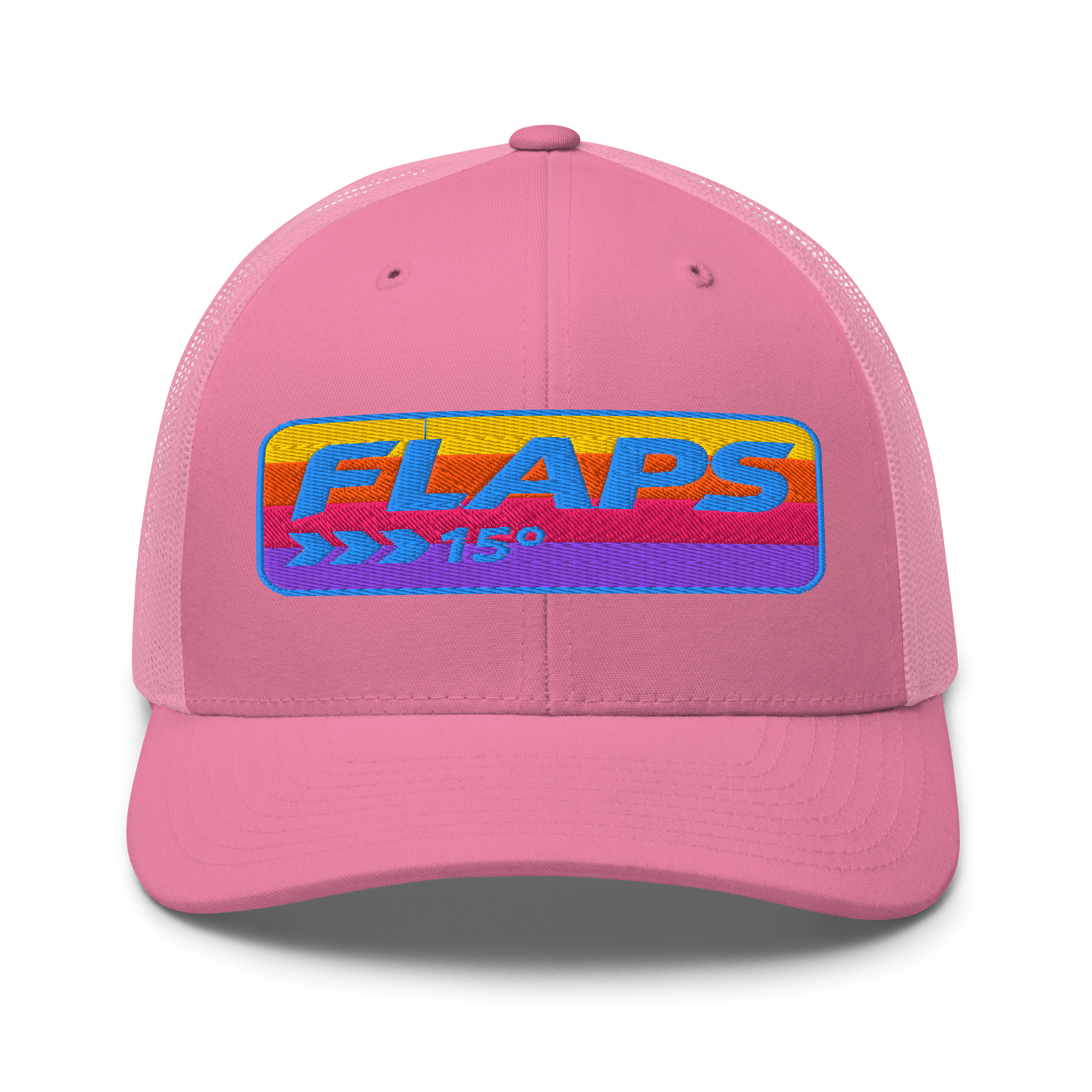 Flaps 15 Trucker Aviation Hat in pink with colorful logo, ideal for sunny days.