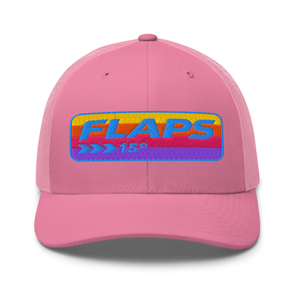 Flaps 15 Trucker Aviation Hat in pink with colorful logo, ideal for sunny days.