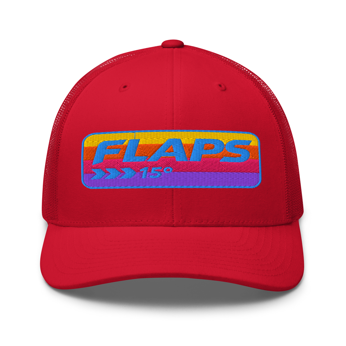 Flaps 15 Trucker Aviation Hat in red with colorful logo on a mesh back cap.