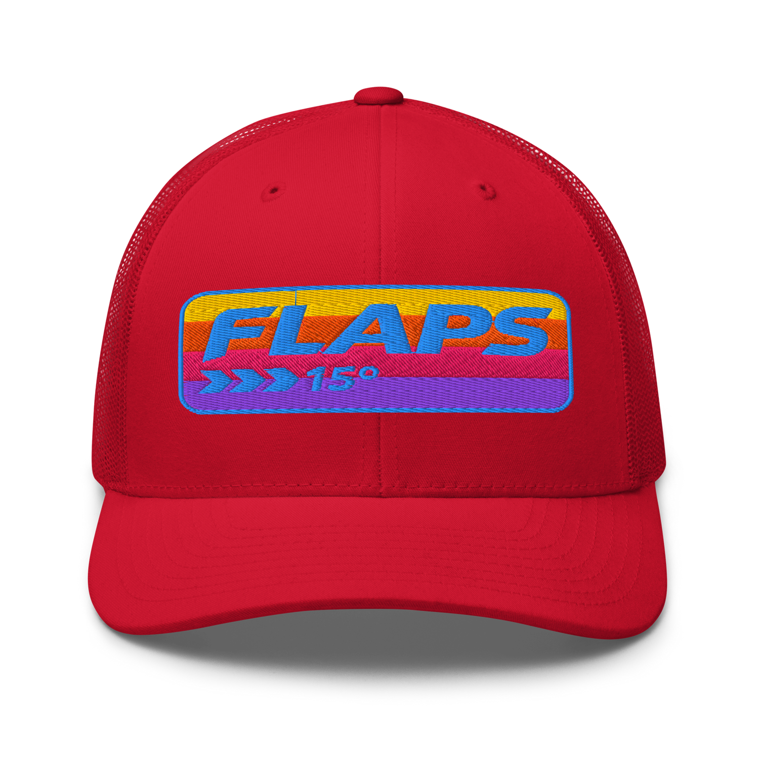 Flaps 15 Trucker Aviation Hat in red with colorful logo on a mesh back cap.