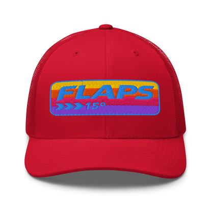 Flaps 15 Trucker Aviation Hat in red with colorful logo on a mesh back cap.