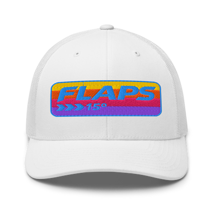 Flaps 15 trucker aviation hat featuring a colorful graphic design on a white mesh cap.
