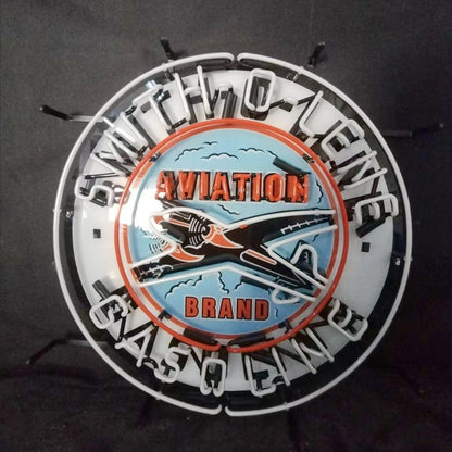 Light Blue Smith-o-lene Gasoline neon sign with glass tube and metal grid backing