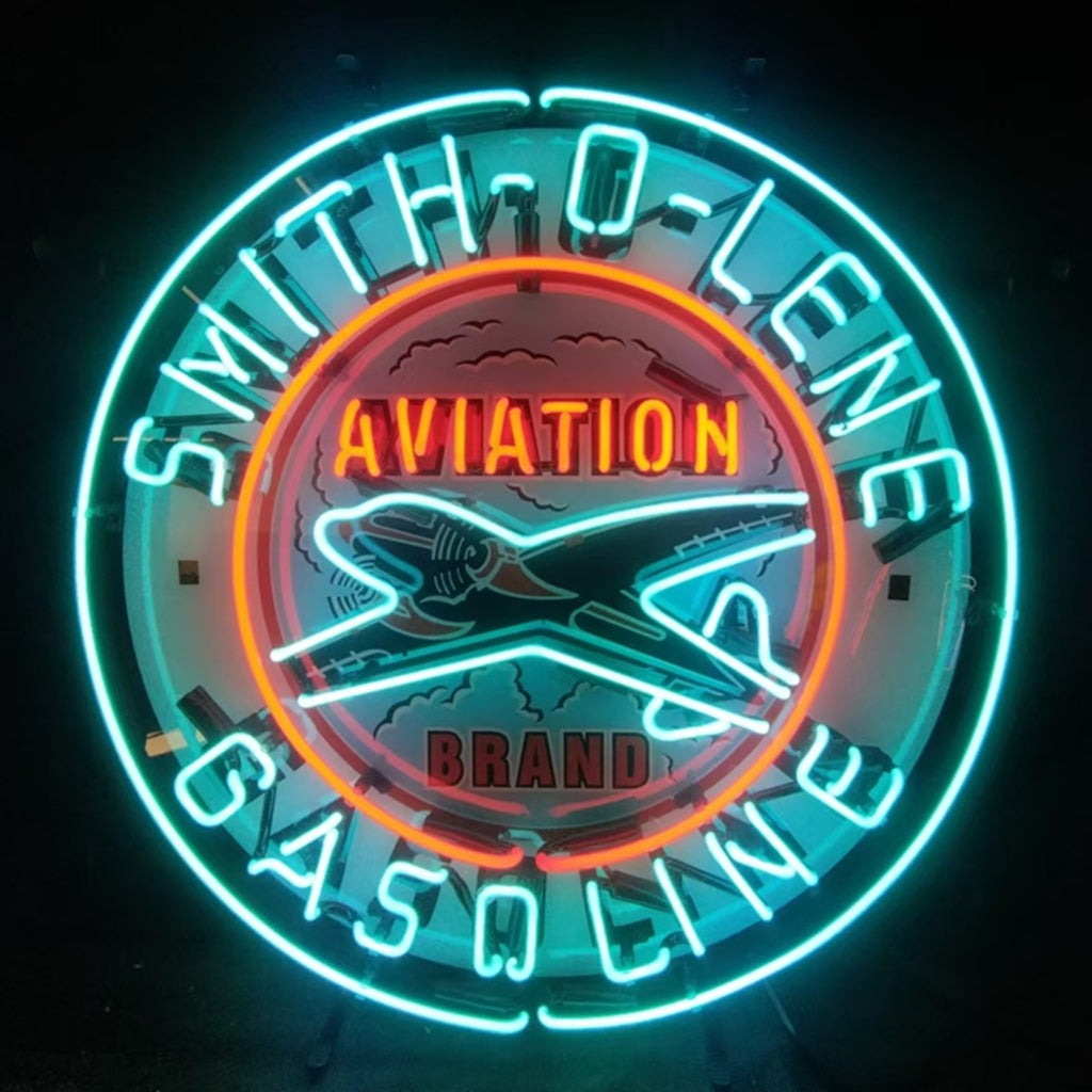 Light Blue Smith-o-lene Gasoline neon sign with glass tube and metal grid backing