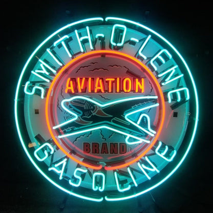 Light Blue Smith-o-lene Gasoline neon sign with glass tube and metal grid backing