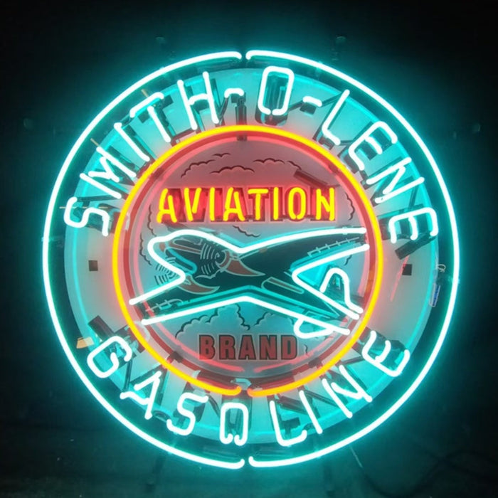 Light blue Smith-o-lene Gasoline neon sign with acrylic and metal grid backing