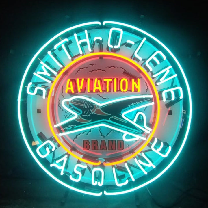 Light blue Smith-o-lene Gasoline neon sign with acrylic and metal grid backing