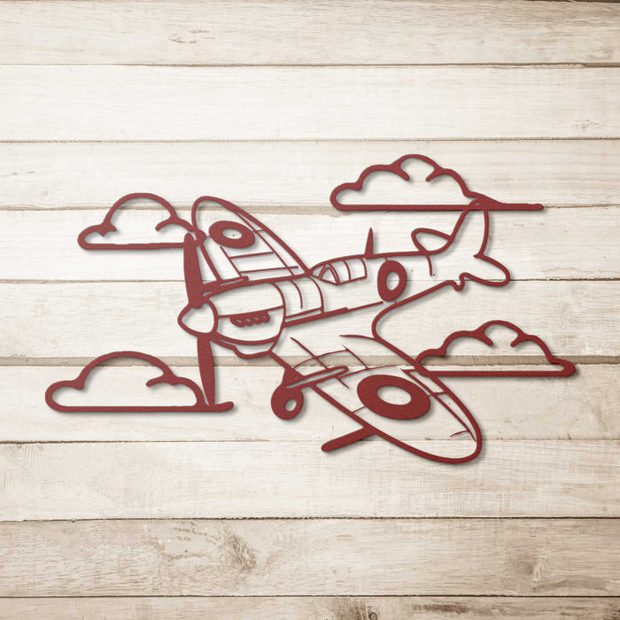 Spitfire Metal Wall Art made of 18 gauge steel, powder coated, shown against a cloudy sky background
