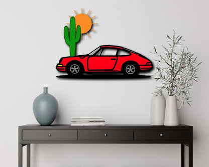 Desert sunset sports car metal wall sign with cactus and sun decor for indoor and outdoor use