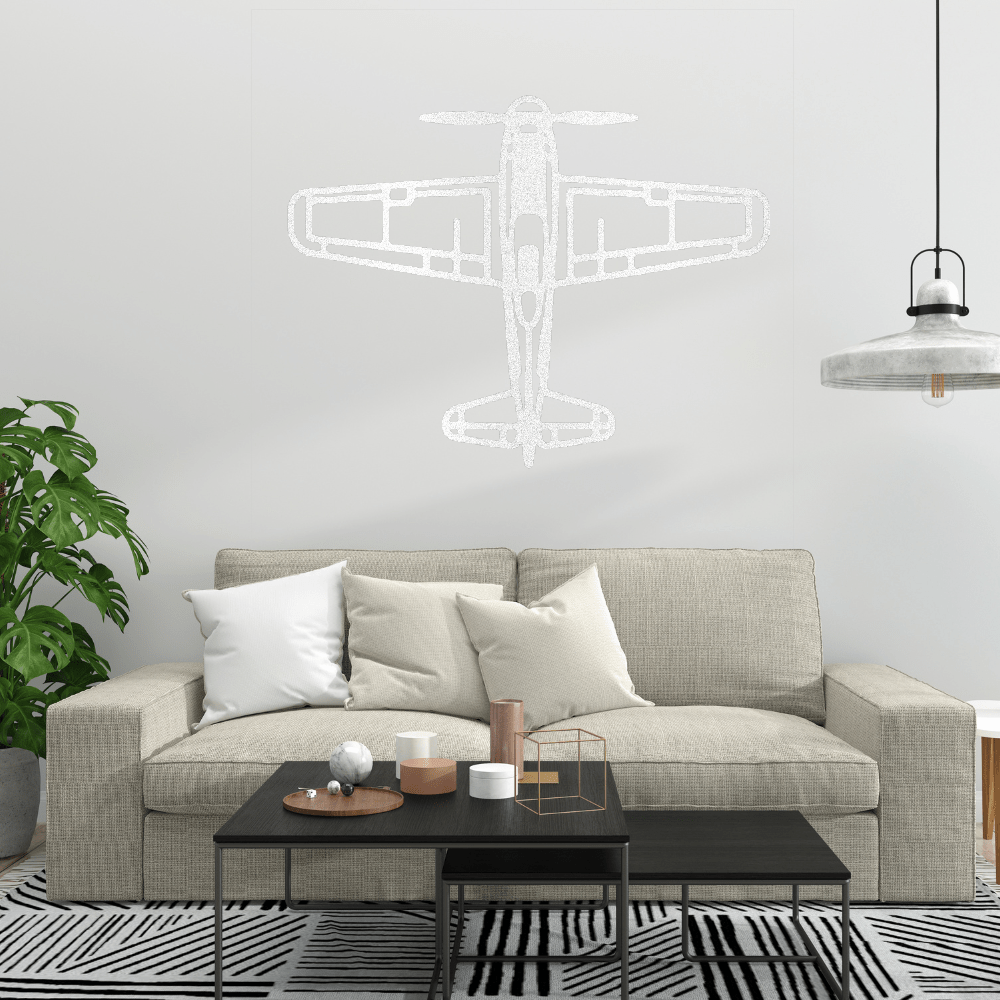 white retro airplane metal art wall decor above living room sofa
