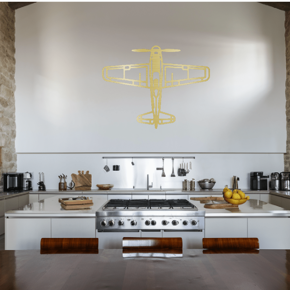 Vintage airplane metal art wall decor in modern kitchen interior