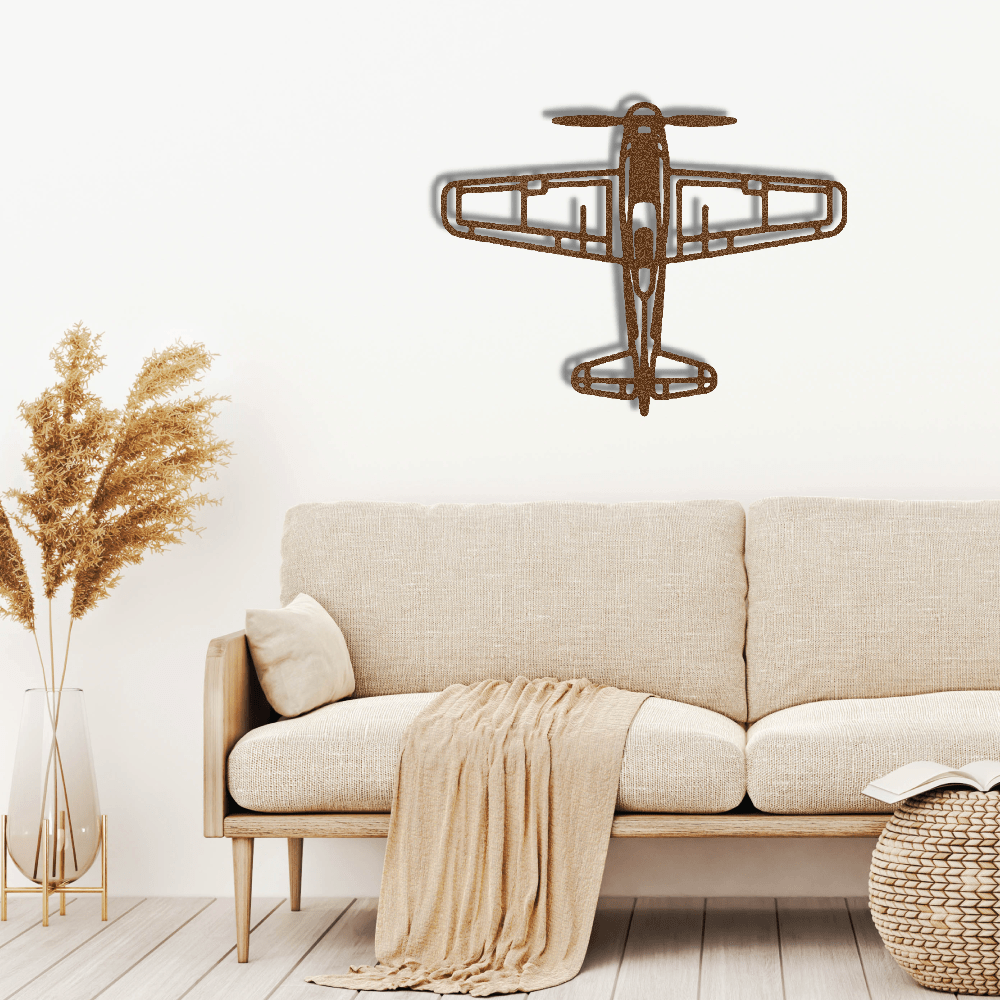 Rustic airplane metal art wall decor in retro aviation style above beige sofa in modern living room