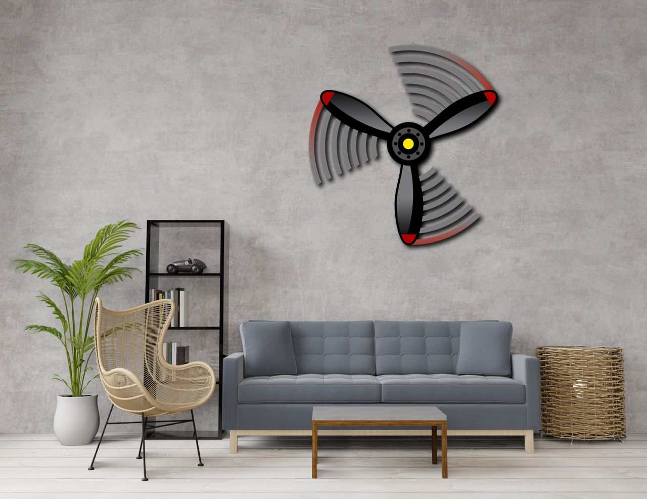 Multicolor metal sign propeller spin wall art mounted above modern living room sofa