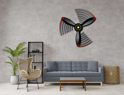 Multicolor metal sign propeller spin wall art mounted above modern living room sofa