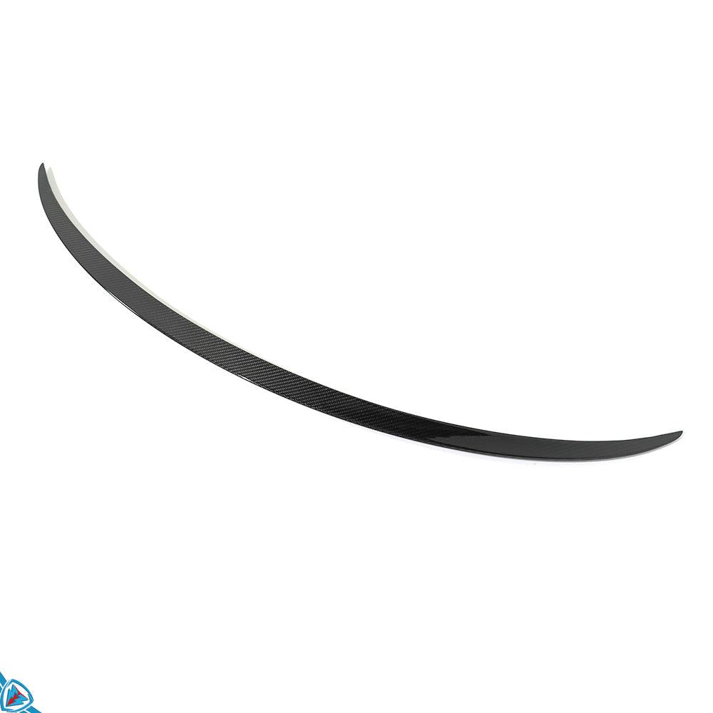 White Tesla Model Y with FYBR genuine carbon fiber dry performance style trunk spoiler