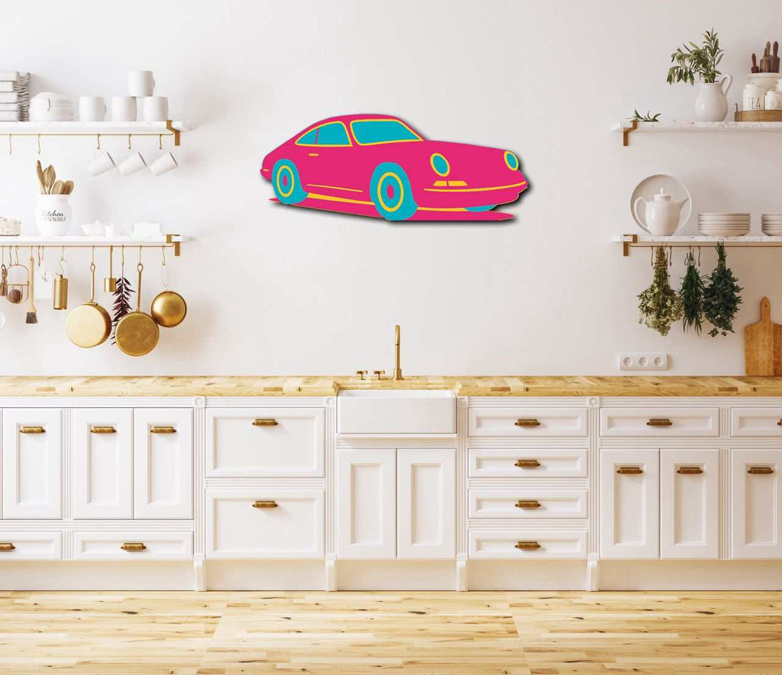 Multicolor metal sign of sports car wall art in modern kitchen
