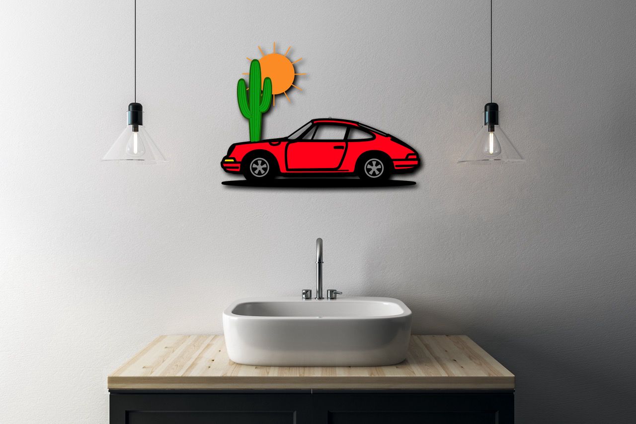 Desert sunset sports car metal wall sign with cactus and sun decor for indoor and outdoor spaces
