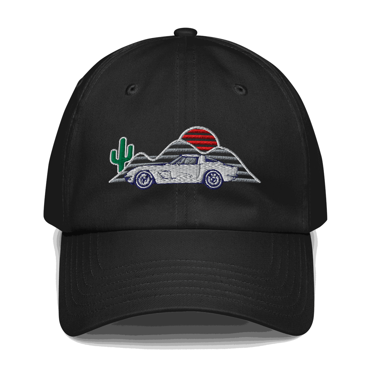 Corvette Sunset Hat embroidered with vibrant colors and car design