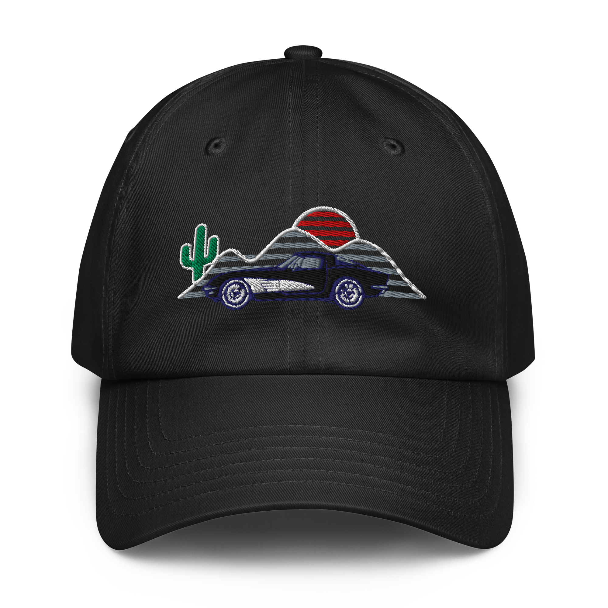 C1 Corvette embroidered hat featuring sunset and cactus design, a perfect tribute to classic American sports cars.