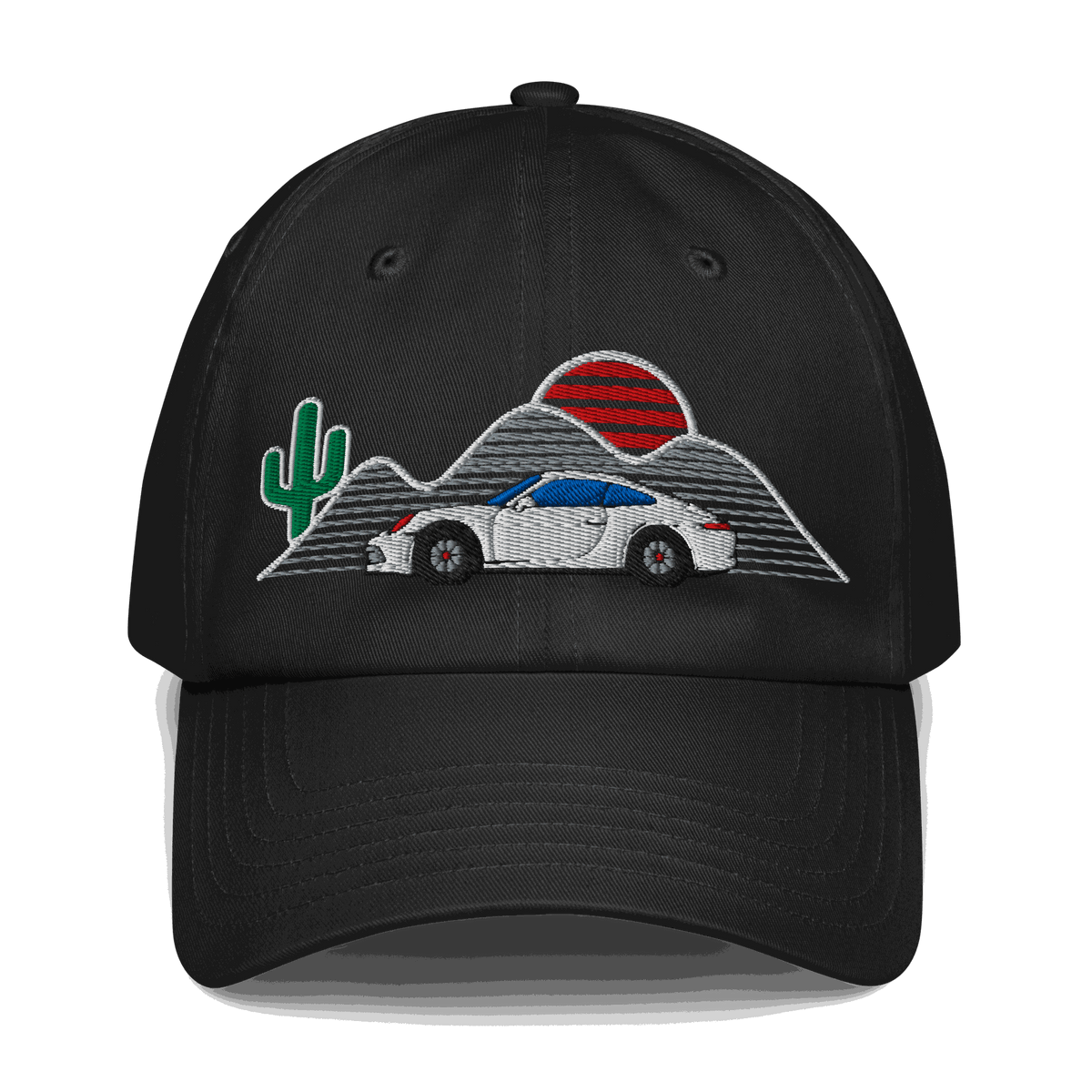 Black baseball hat with retro classic car, sunset, cactus, and mountain embroidery design
