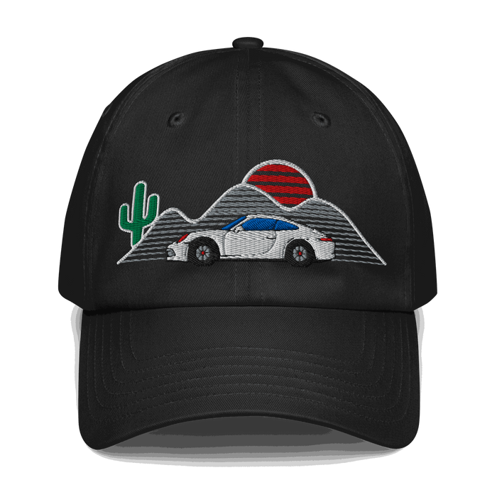 Black baseball hat with retro classic car, sunset, cactus, and mountain embroidery design