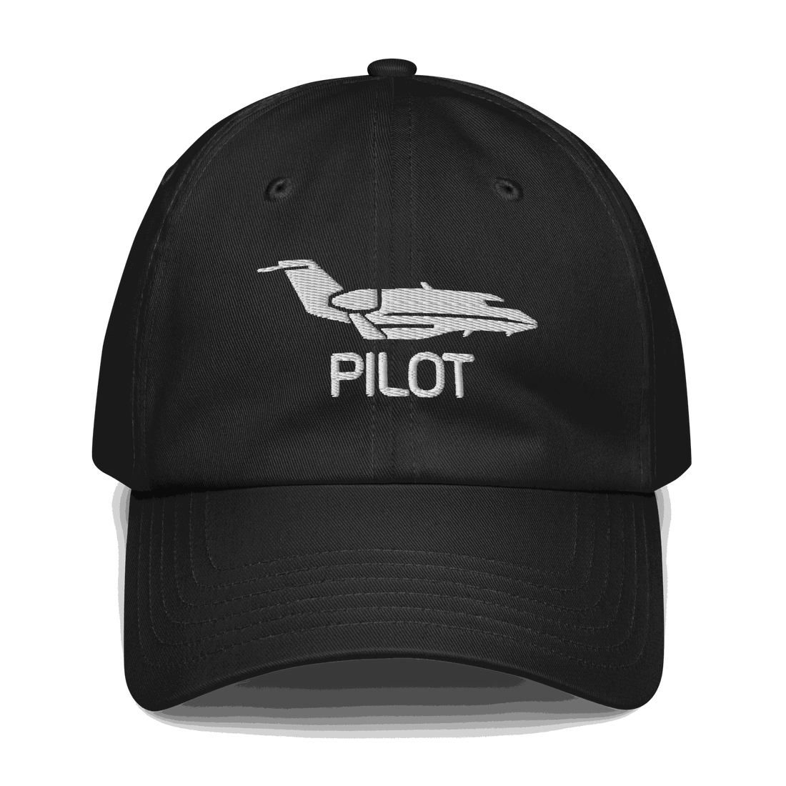 Black aviation hat with embroidered airplane and "PILOT" text, adjustable cotton twill cap