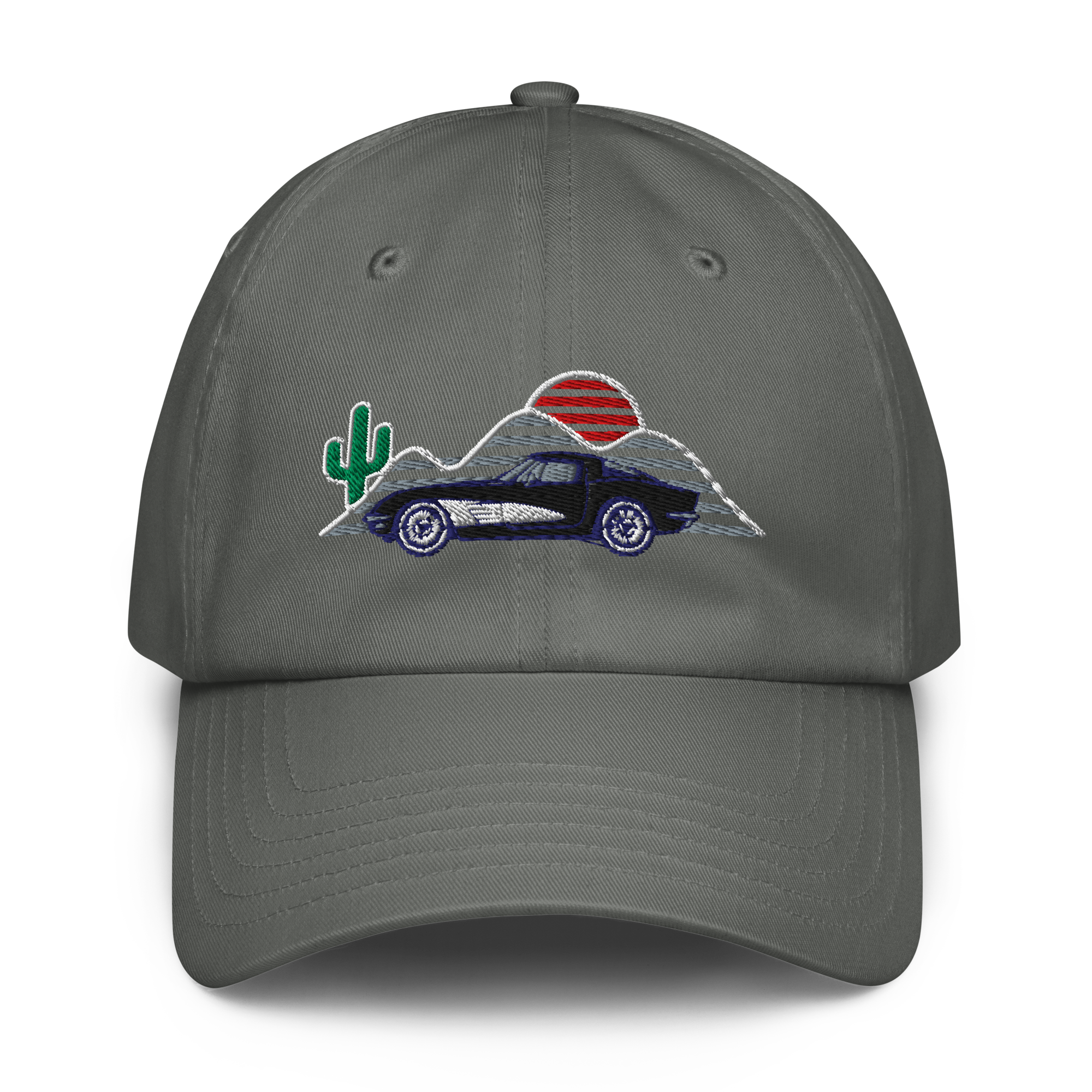 C1 Corvette embroidered hat featuring sunset design and cactus detail, perfect for car enthusiasts.