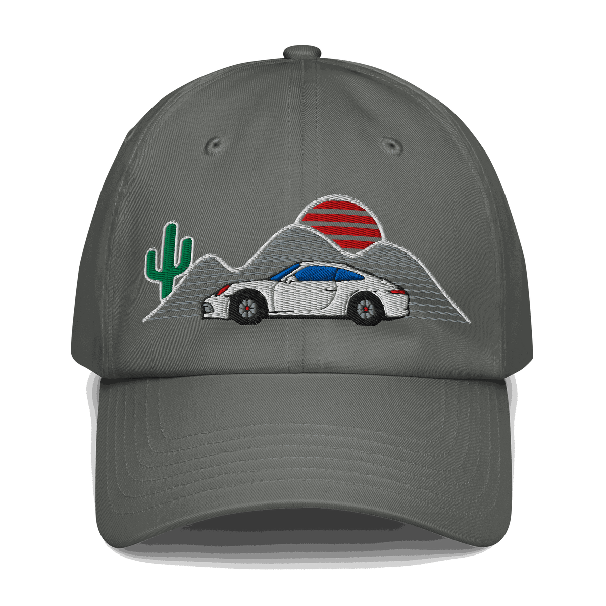 Gray baseball hat with embroidered retro classic car, sunset, cactus, and mountain design