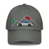 Gray baseball hat with embroidered retro classic car, sunset, cactus, and mountain design