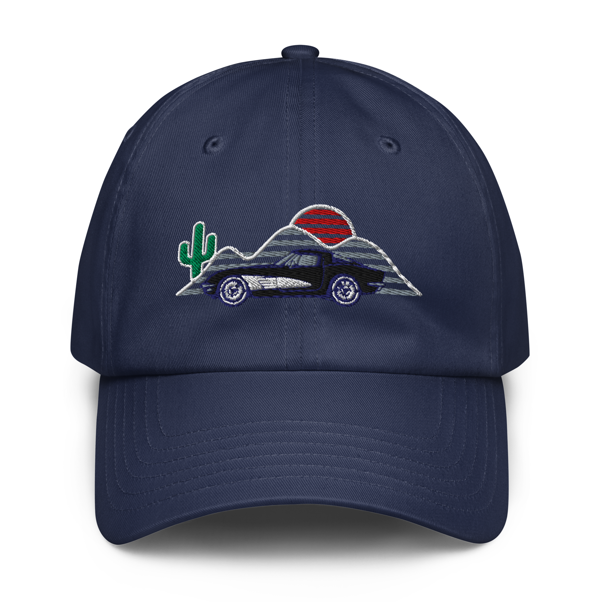 C1 Corvette embroidered hat with sunset and cactus design, perfect for classic car enthusiasts.