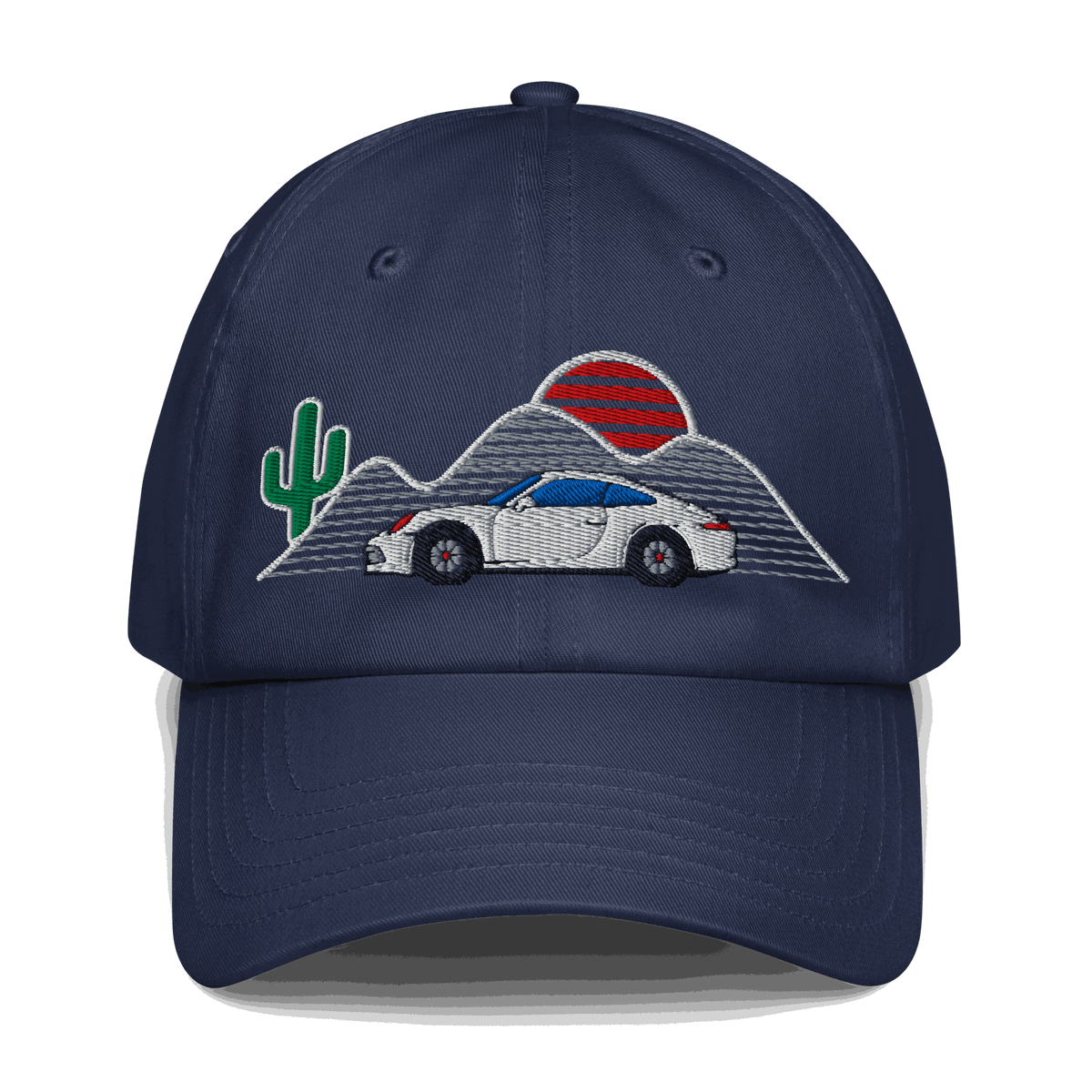 Retro classic car sunset baseball hat with vintage car, sunset, cactus, and mountain design on navy blue cap