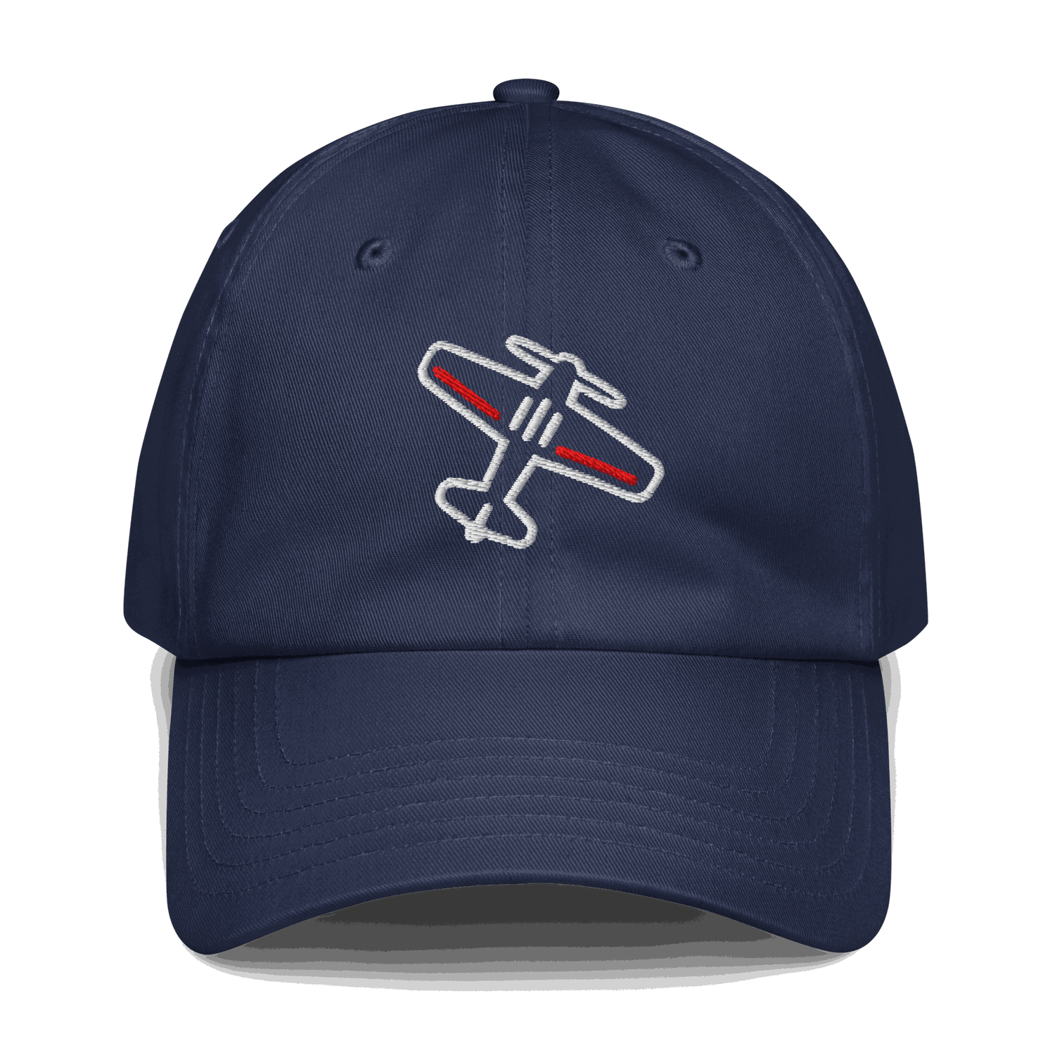 Navy blue aviation pilot hat with embroidered airplane design and adjustable strap