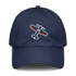 Navy blue aviation pilot hat with embroidered airplane design and adjustable strap