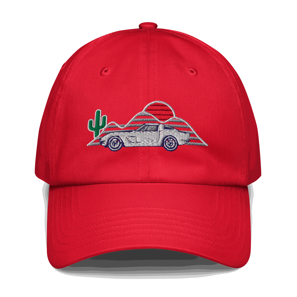 Corvette Sunset Hat embroidered with vibrant colors and classic car design