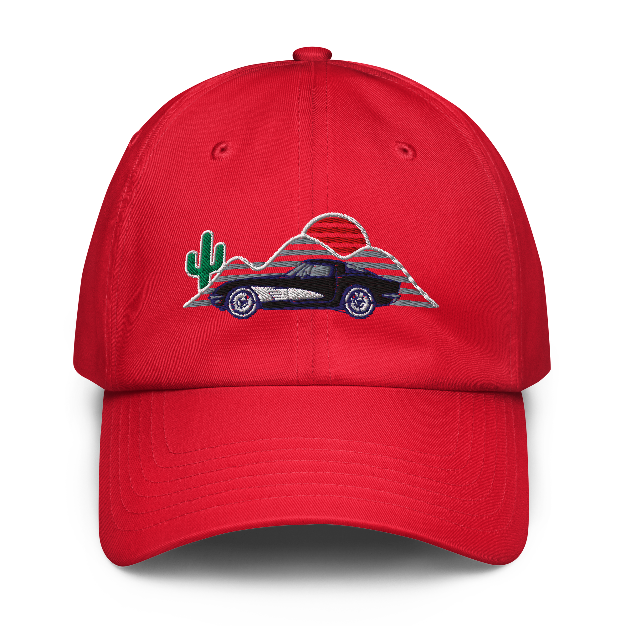 C1 Corvette embroidered hat featuring a sunset design and cactus on a red cap, celebrating classic automotive heritage.