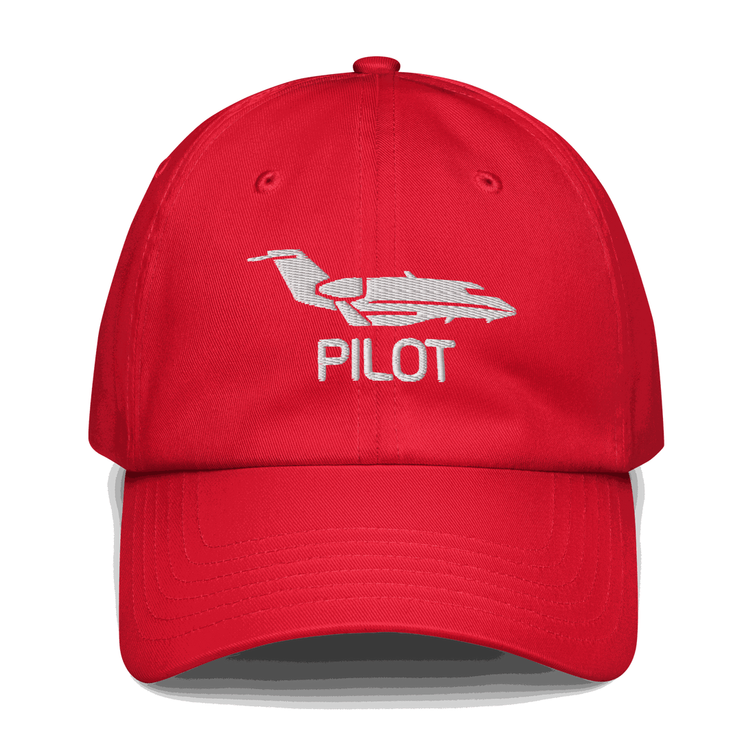 Red aviation hat with embroidered airplane and "PILOT" text, adjustable cotton twill cap