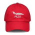 Red aviation hat with embroidered airplane and "PILOT" text, adjustable cotton twill cap
