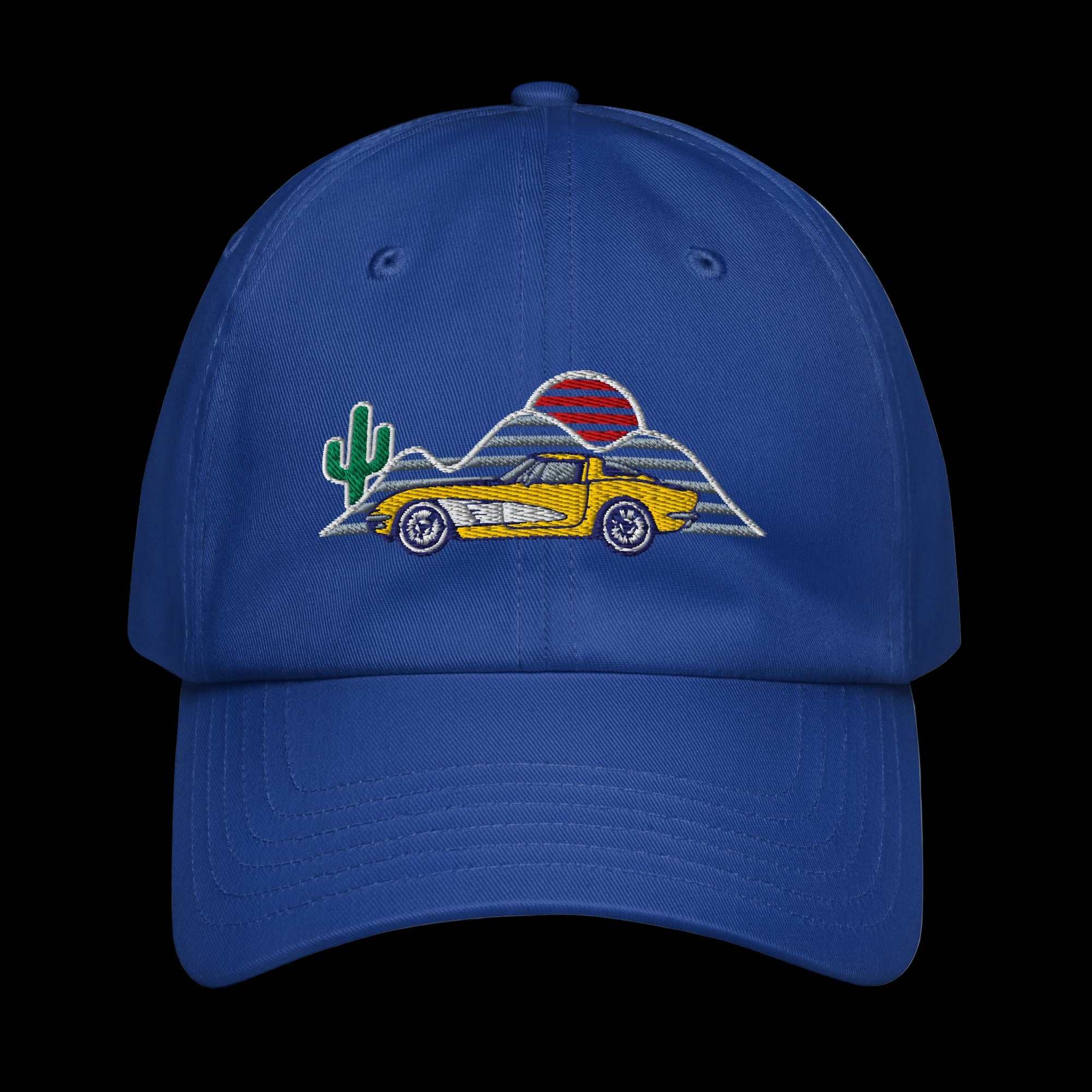 Blue baseball hat with a yellow corvette and cactus mountain sunset background