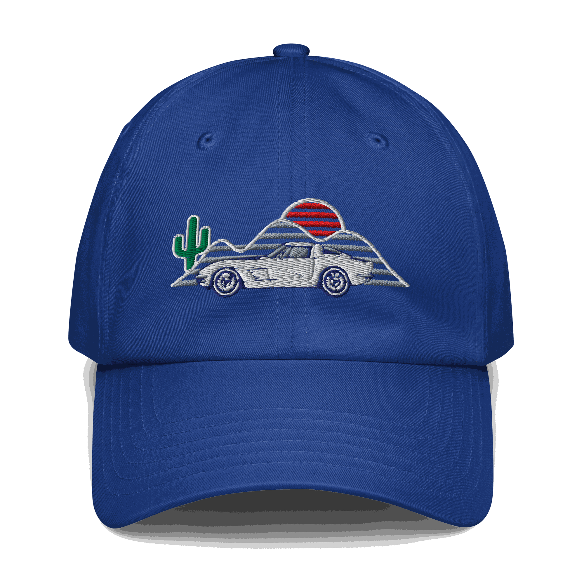 Corvette Sunset Hat – Embroidered Automotive Hat Car Enthusiasts Royal Blue