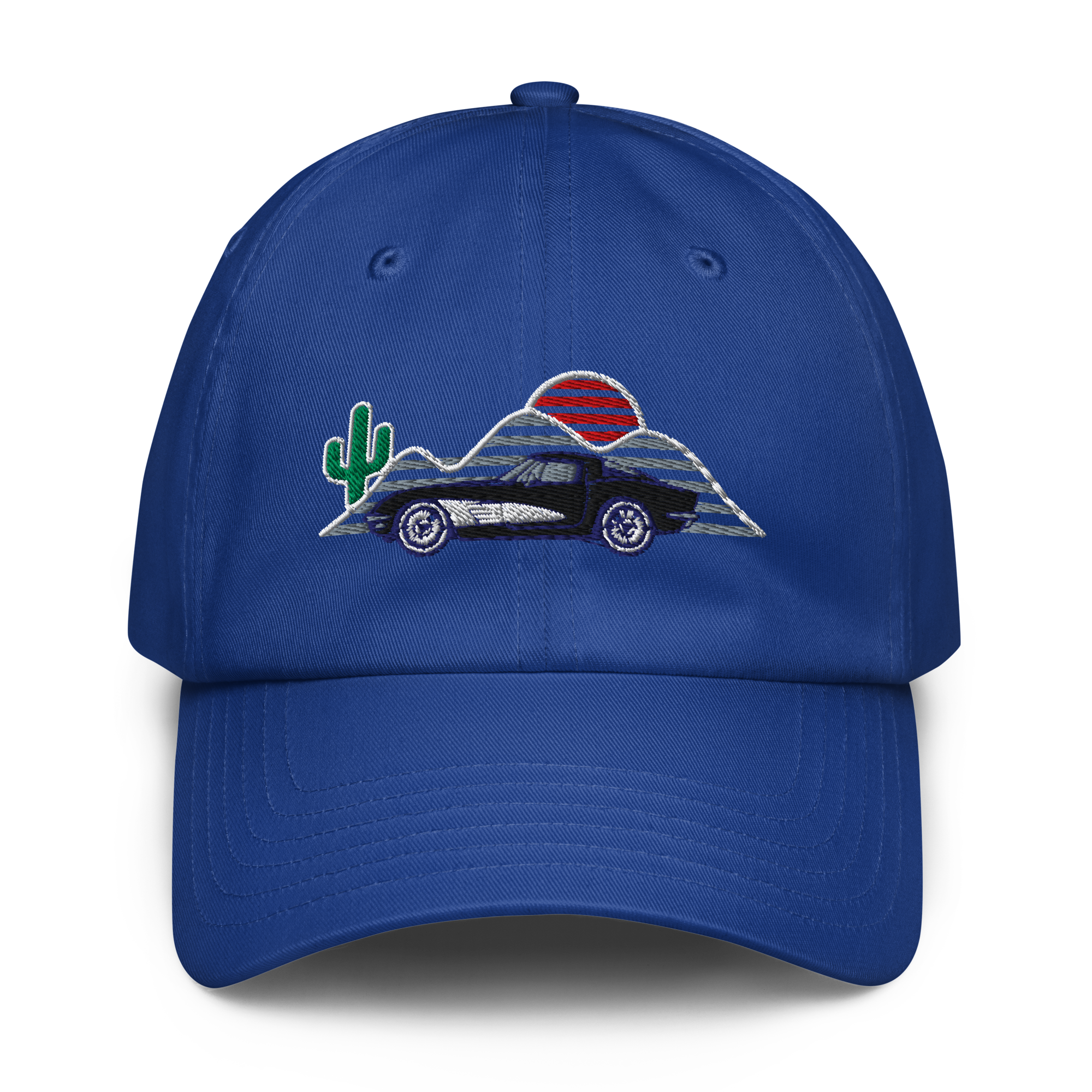 C1 Corvette embroidered hat in blue featuring sunset design with cactus and car silhouette.