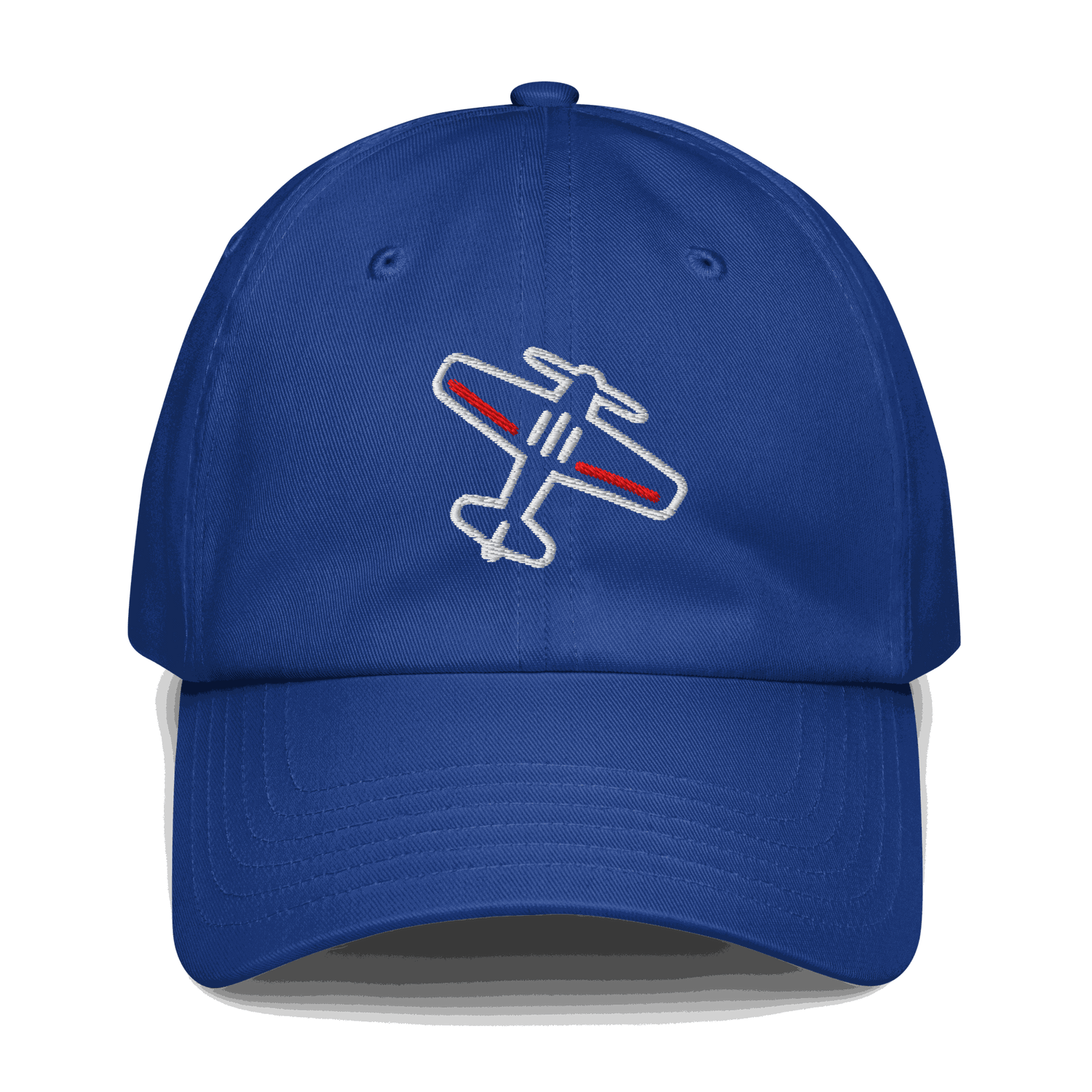 Blue aviation pilot hat with adjustable strap and embroidered airplane design
