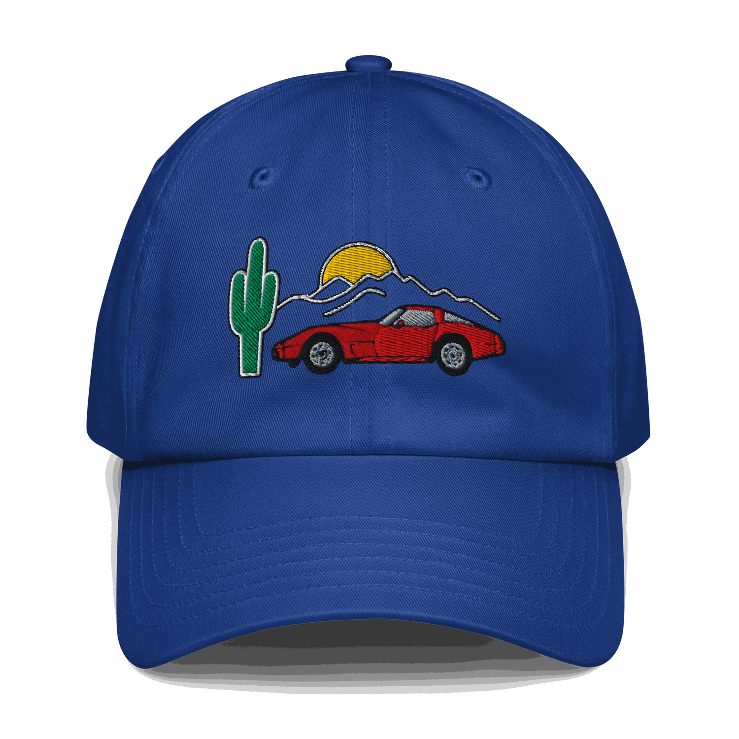 Blue Corvette Sunset Hat with embroidered red Corvette car, cactus, and sunset design