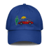 Blue Corvette Sunset Hat with embroidered red Corvette car, cactus, and sunset design