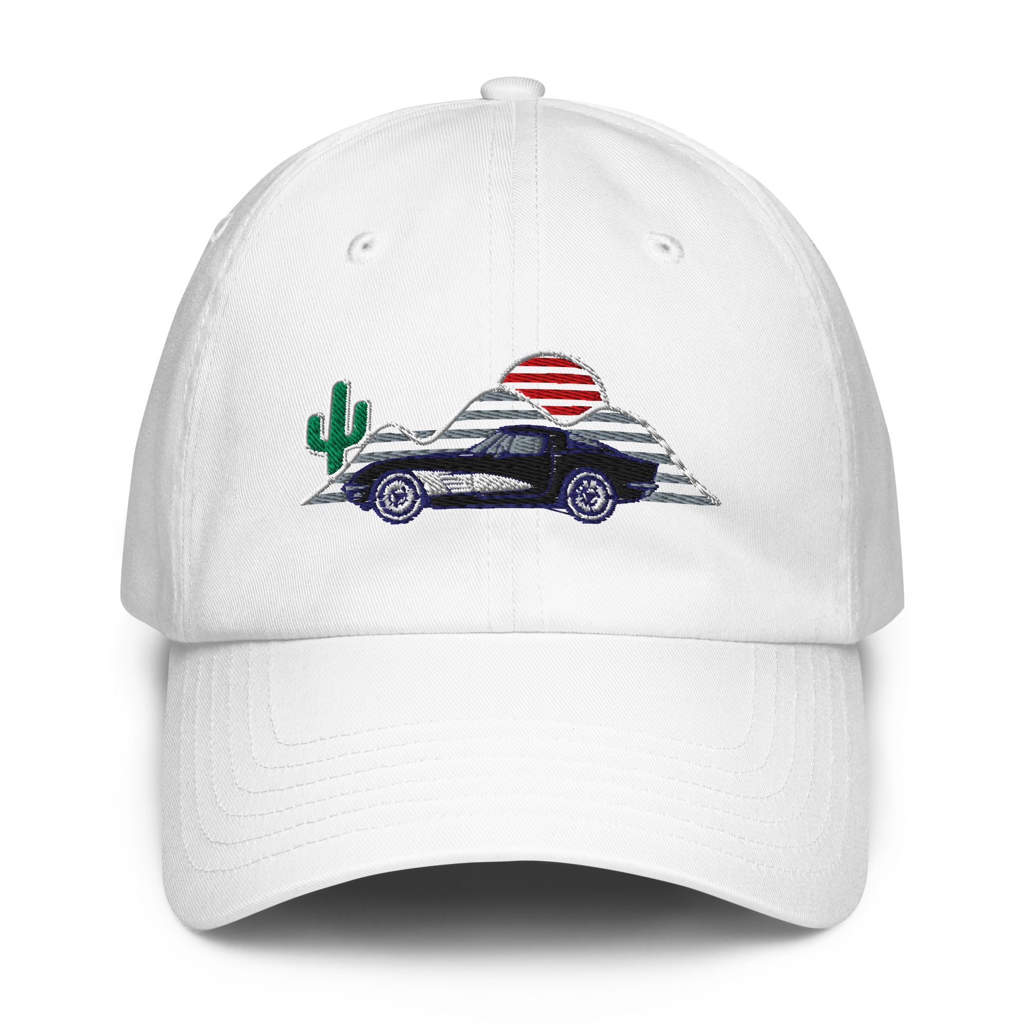C1 Corvette embroidered hat showcasing sunset design and cactus emblem, perfect for automotive enthusiasts.