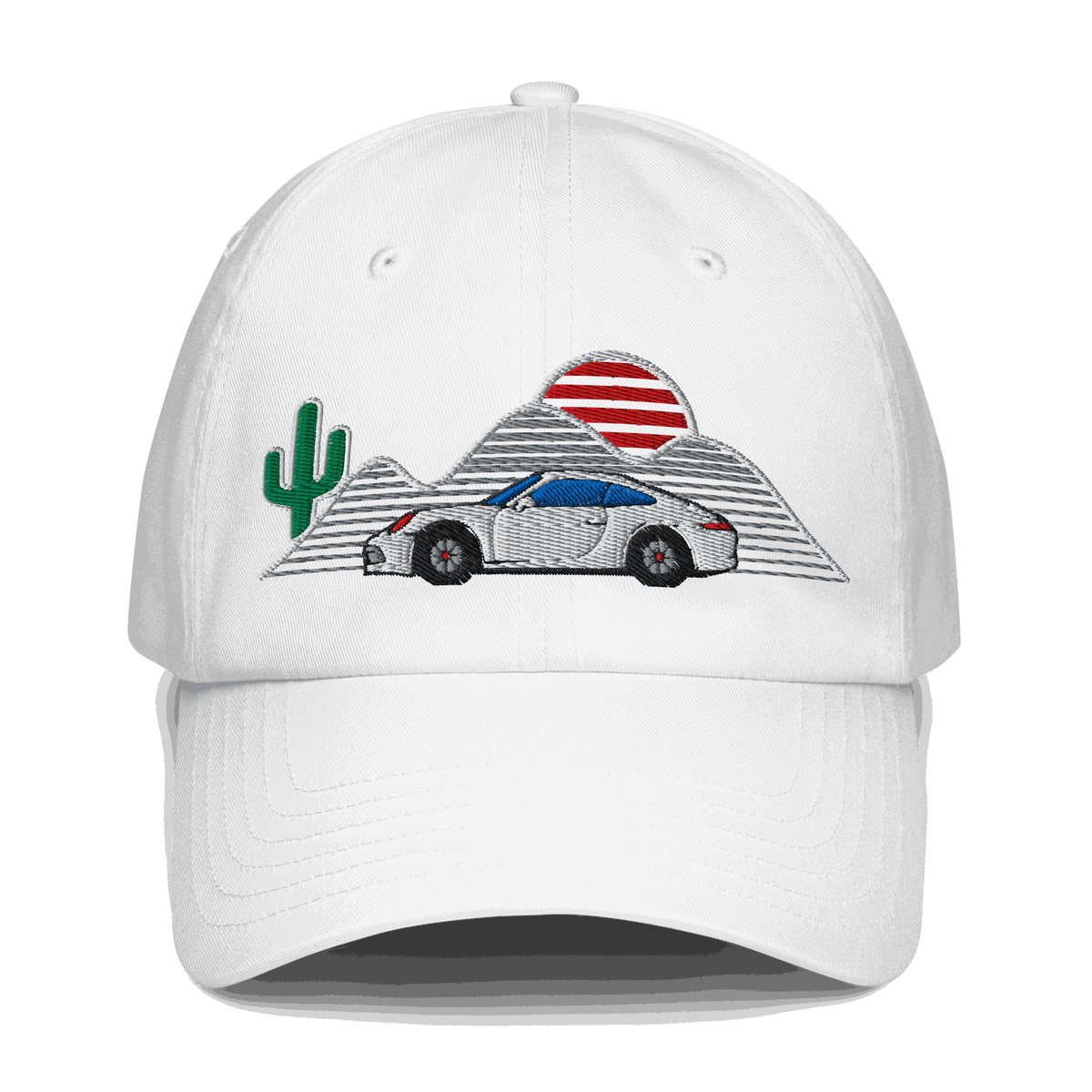 White baseball hat with embroidered retro classic car, desert cactus, and sunset design