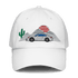 White baseball hat with embroidered retro classic car, desert cactus, and sunset design